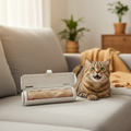 FurVeylo Pet Hair Remover Roller next to a happy cat on a sofa