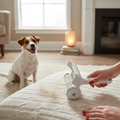 FurVeylo Pet Hair Remover Roller being used on a blanket with a dog nearby